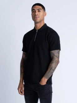 WAFFLE ON ZIP POLO -Luke Clothing Store M591457 BLACK 2